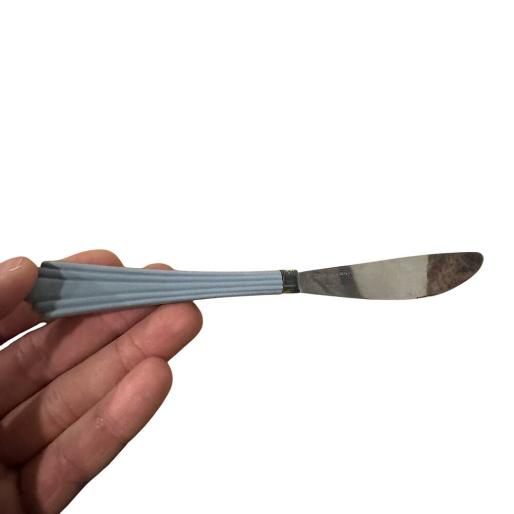 Vintage MCM Stainless Steel Korea Baby Blue Knife Silverware Flatware Art Deco